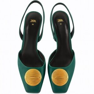 Zara Emerald Slingback Heels with Gold Detail Size 38